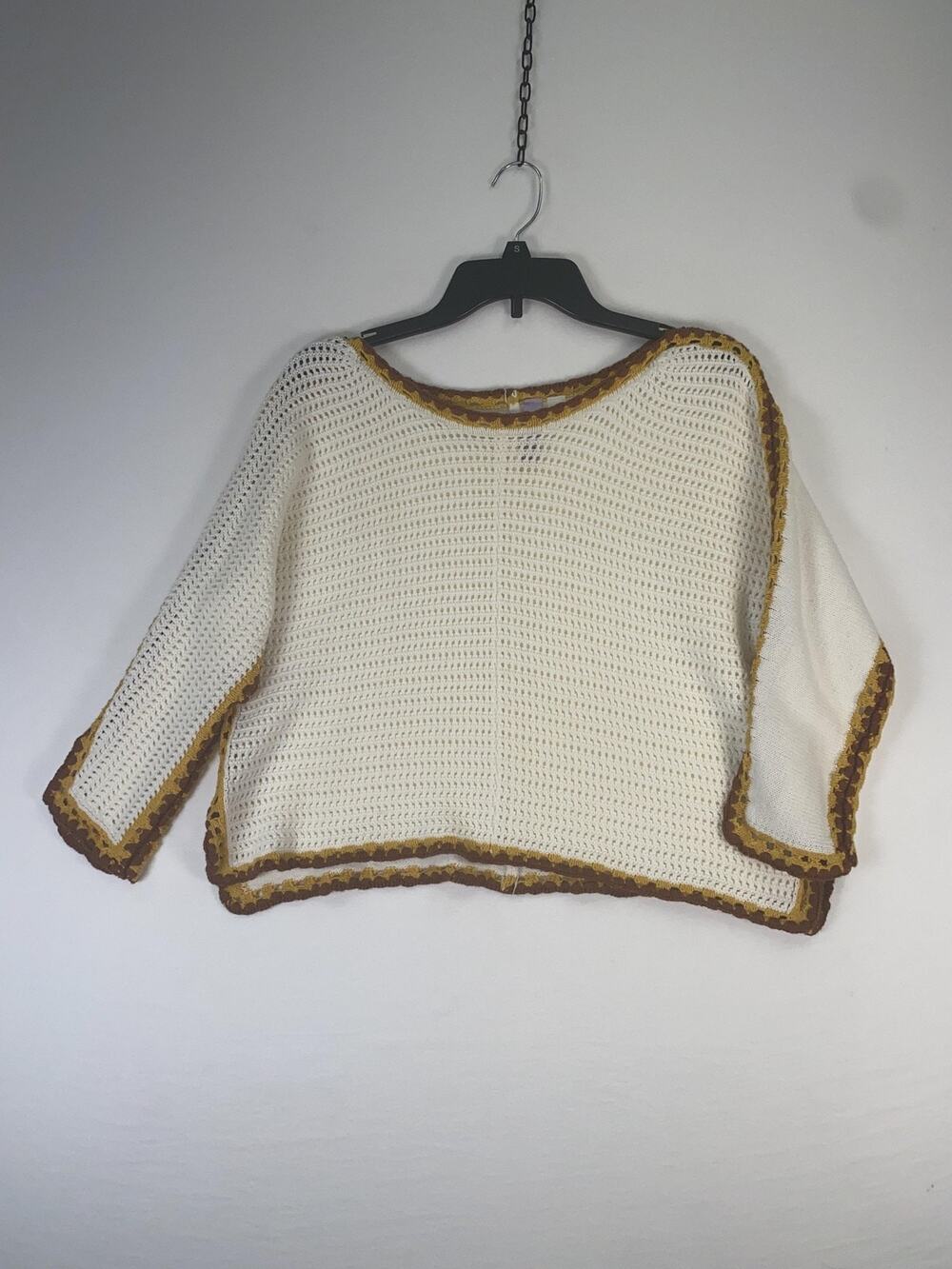 Alfa Sweater Womens Medium White Crochet Trim Boat Neck 3/4 Sleeve Knit Pullover